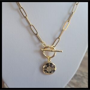 Gold Compass Coin Toggle Necklace, 18k Gold Plated Pendant Sparkling Accents